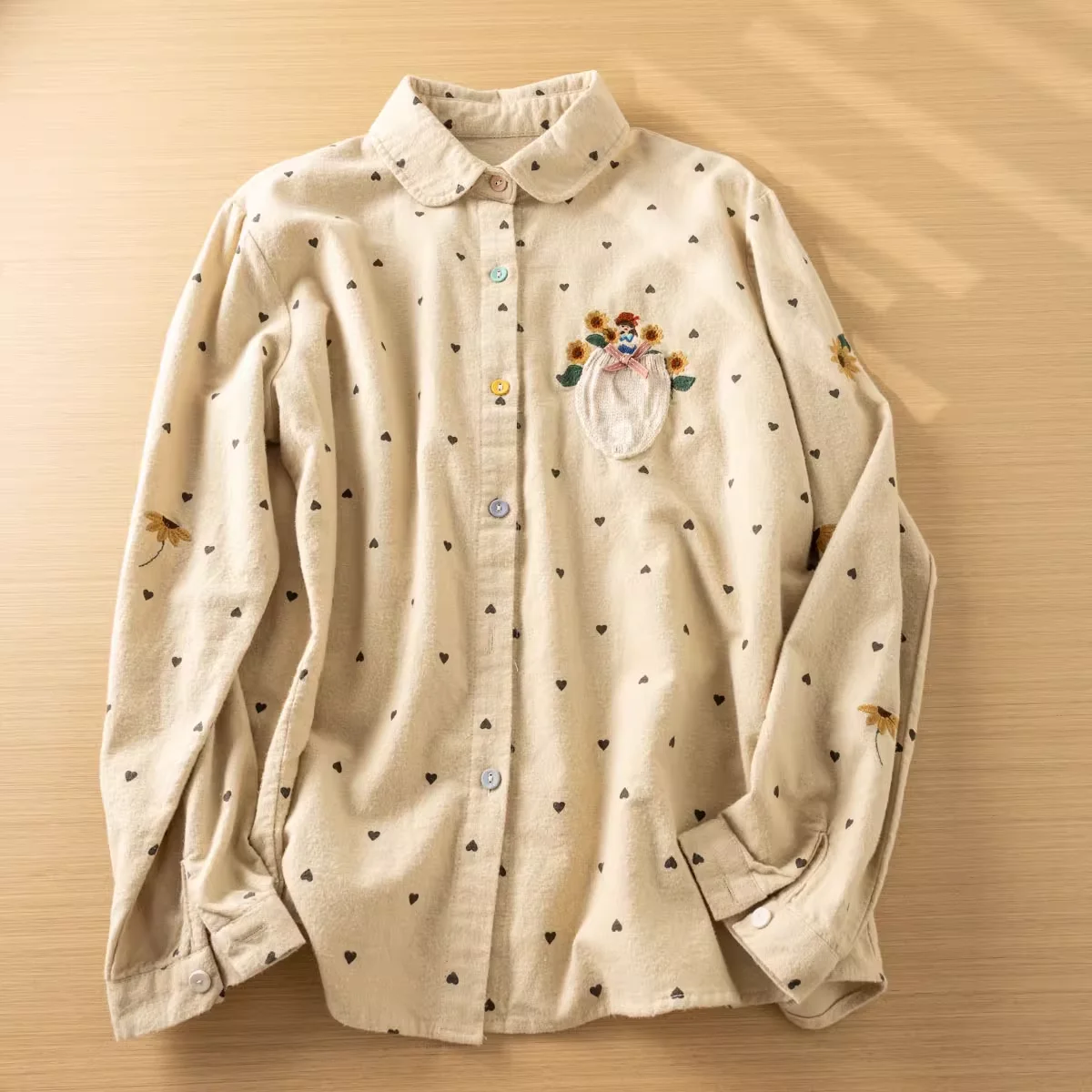 Mori kei fashion Japanese blue apricot heart-shaped printed shirt  vintage knitted pocket patch embroidery long sleeve blouses