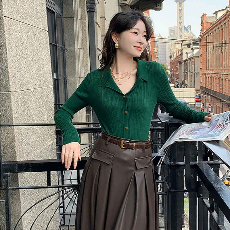 

French Retro Simple Lapel Long Sleeve Slim Knitted Sweater Cardigan For Women