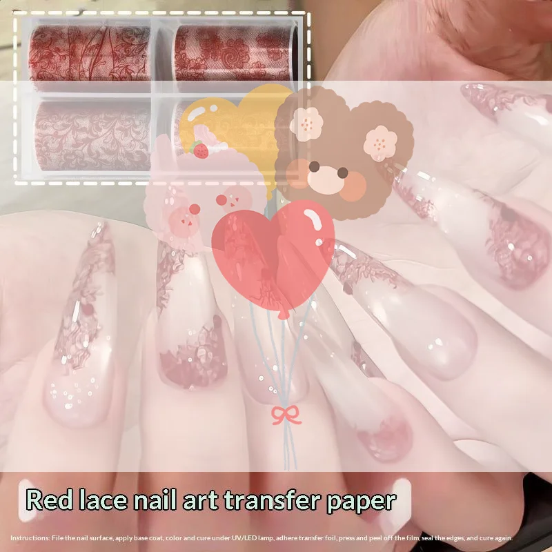 4 Rolls Stripe Lace Manicure Decals Nail Decorations Red French Lace Nail Foils Transfer Paper Nail Art Stickers