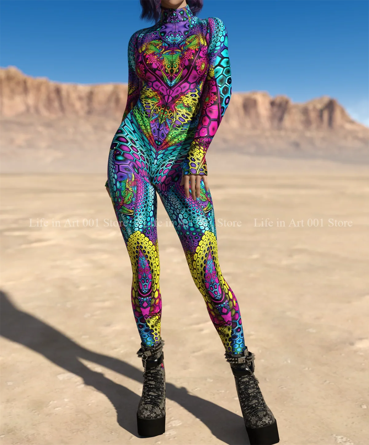 Fête de vacances femmes multicolore impression géométrie maigre Sexy combinaison porter Onesie Cosplay Costume élastique body barboteuses