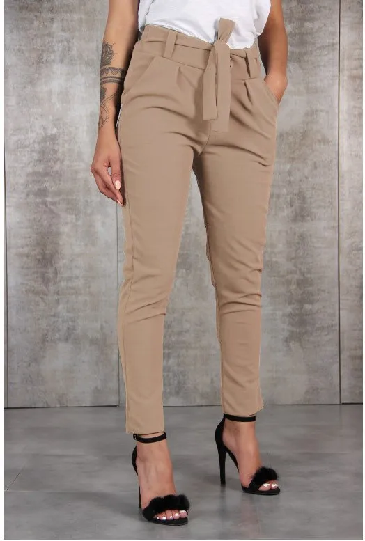 

Women's Tie-Waist High-Waisted Slim Cropped Pants Structured Fabric Tapered Leg Stylish Bottom