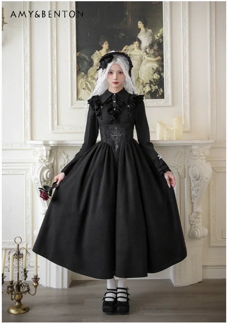 Gothic Cross Retro Embroidered Fishbone Girdle Lolita Tutu Dress Subculture Punk Lace Suspender Long Dress Shirt Two-piece Set