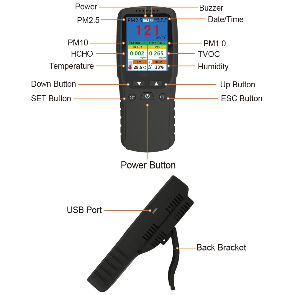 Handheld Portable Air Quality Detector TVOC Formaldehyde(HCHO) Monitor Tracks PM2.5 Haze Dust Meter for Car Gas Inspection