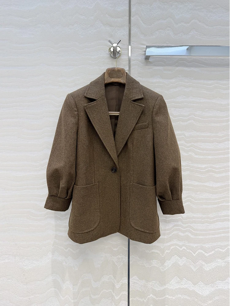 Spring Autumn Fashion Office Lady Dark Brown Vintage Trousers Suit Women's Ulster Collar Lantern Sleeve Coat + Slim Pencil Pants