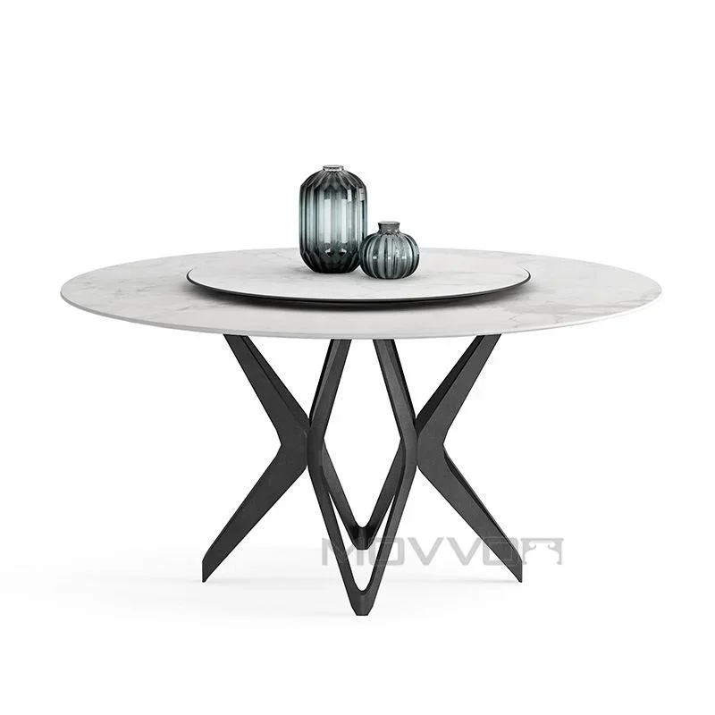 simple style Geometrical Art design ceramic top marble round plate dining table with rotating centre