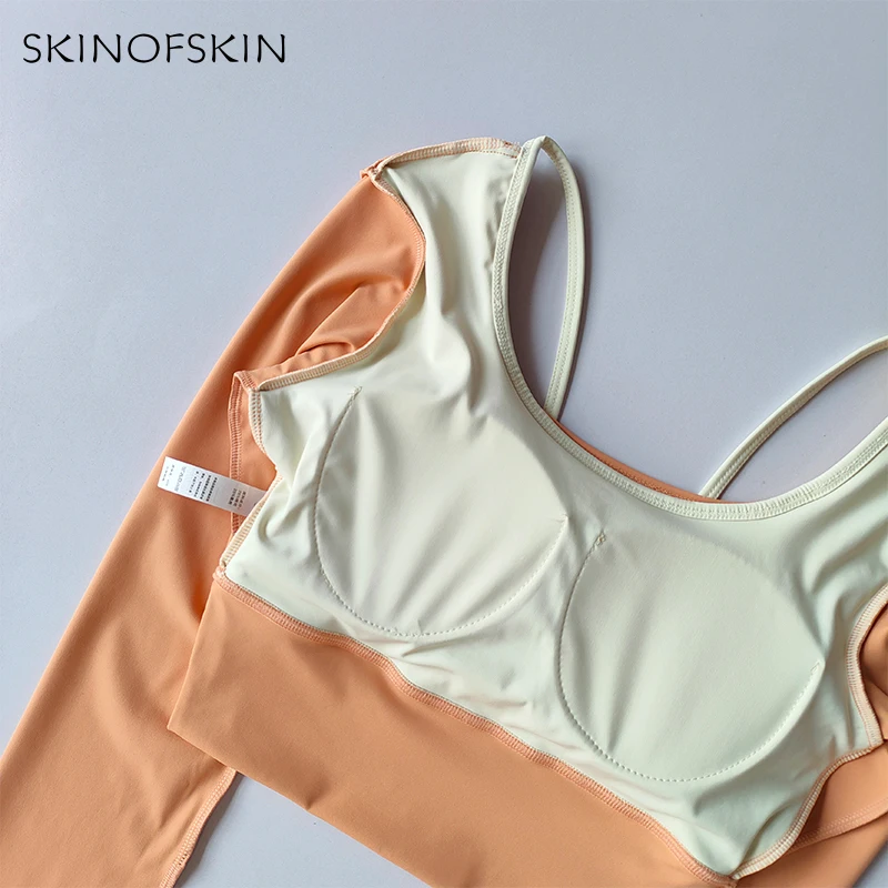 Yoga-Kleidung Langärmeliges Damen-Einteiler-Crop-Top mit Cups Schlankmachendes Schnelltrocknendes Lauf-Trainings-T-Shirt Sport-Fitness-Kleidung – Detail 3