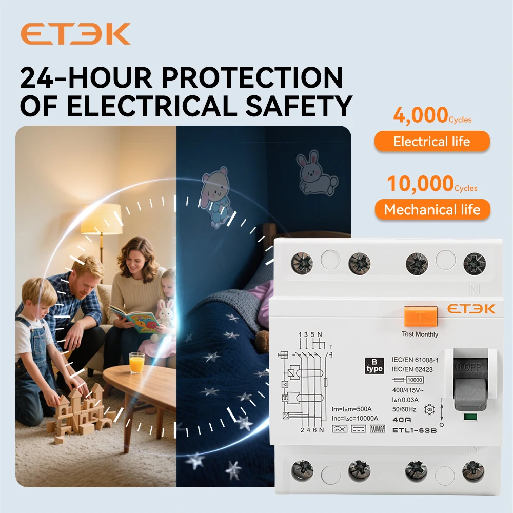 NEW RCCB 10KA Model with DIN Rail for 220V Class B Circuit Breaker - 4-Pole Ground Leakage Circuit Breaker - 40A, 63A, 30mA ETL1