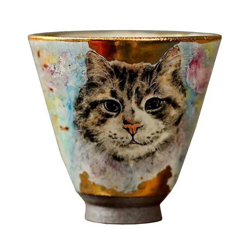 Cat hand-painted teacup firewood burning, Heni Shino master cup creative handmade coarse pottery tea cup