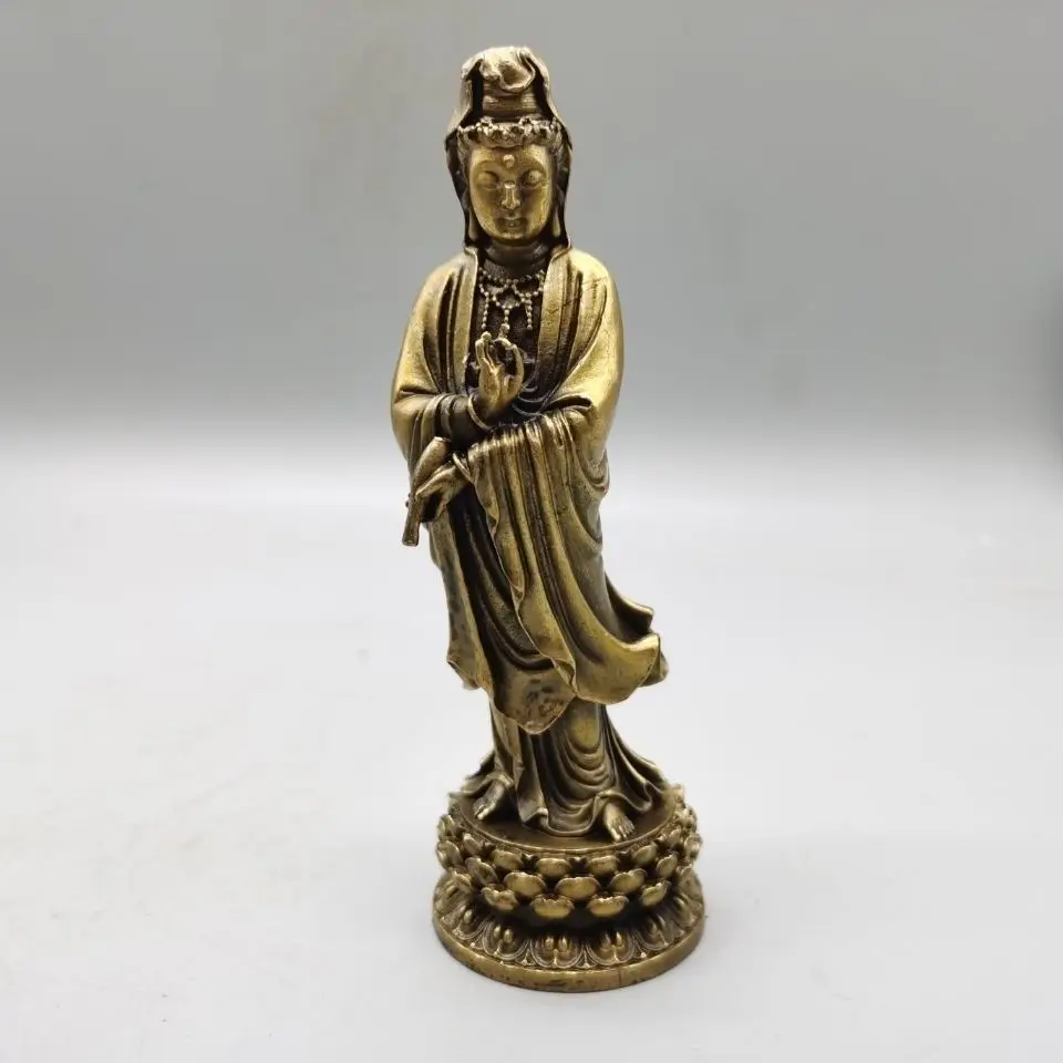 Copper devout prayers lotus flower Guanyin Statue Buddhist Buddha Statue Office Home Decor Gift for Desk Ornament
