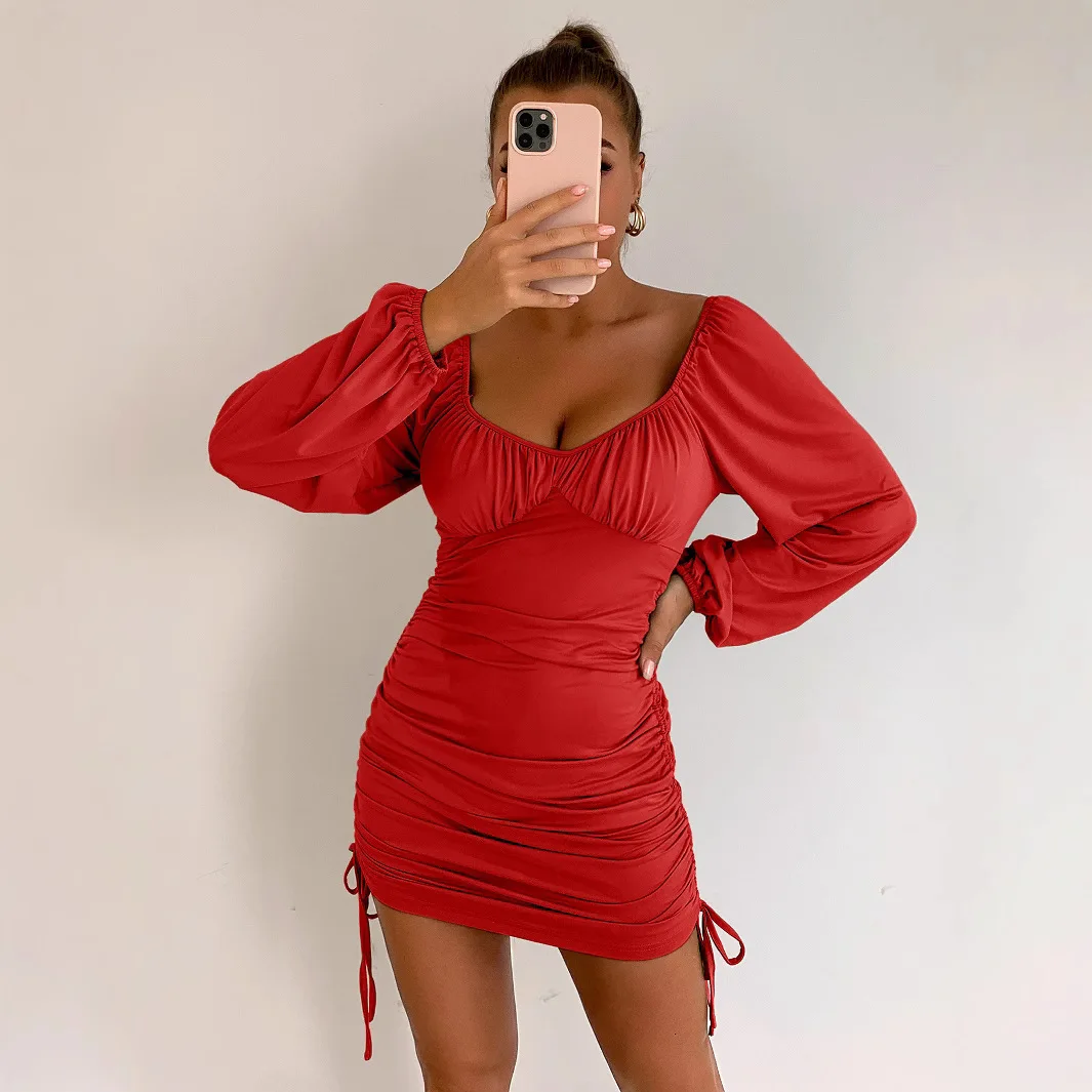 

New Fashionable Backless Slim Fit Hip Dresses Women Summer Sexy And Elegant Solid Color Pleated Puff Sleeve Mini Dress For Women