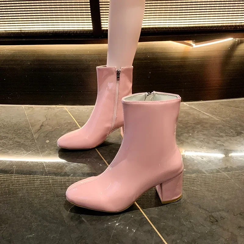

Women's Fashion High Heels New Winter Square Toe Patent Leather Side Zipper Non-Slip Wear-Resistant Cropped Shoes