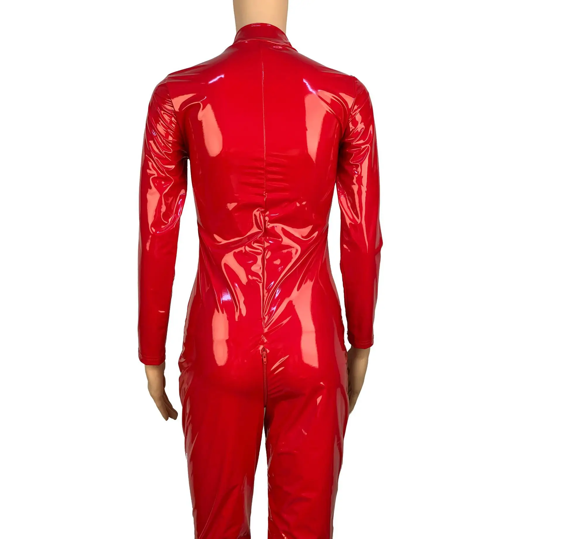 Women's PU Shiny Leather Jumpsuits Long Sleeve Two Way Zipper Open Crotch Bodysuit Wet Look PVC Catsuit Tights Unisex Cosplay