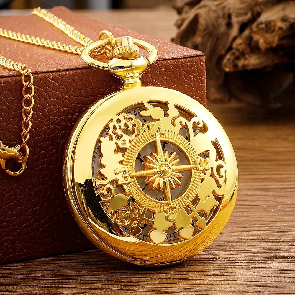 Antique Steampunk Vintage Arabic Numerals Quartz Pocket Watch Gold Case Necklace Pendant Clock Chain Mens Women