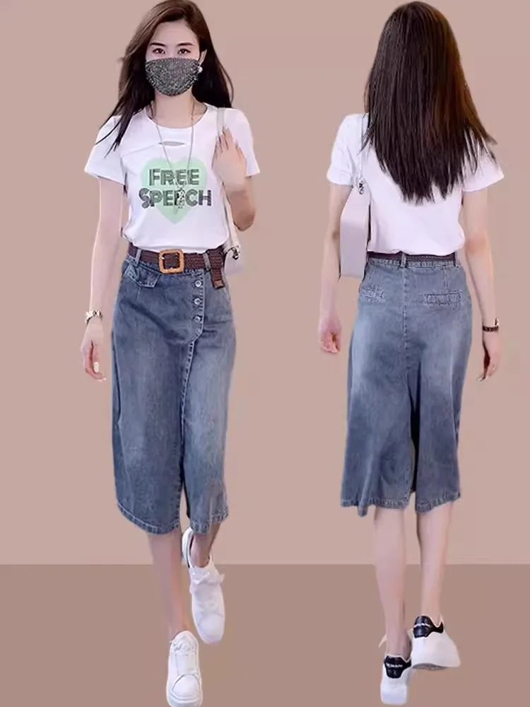 High Waist Wide Leg Jeans Skirt Pants Women's Mid-Length A-Line Skirt Commute Style Summer 2024  Color Other Material