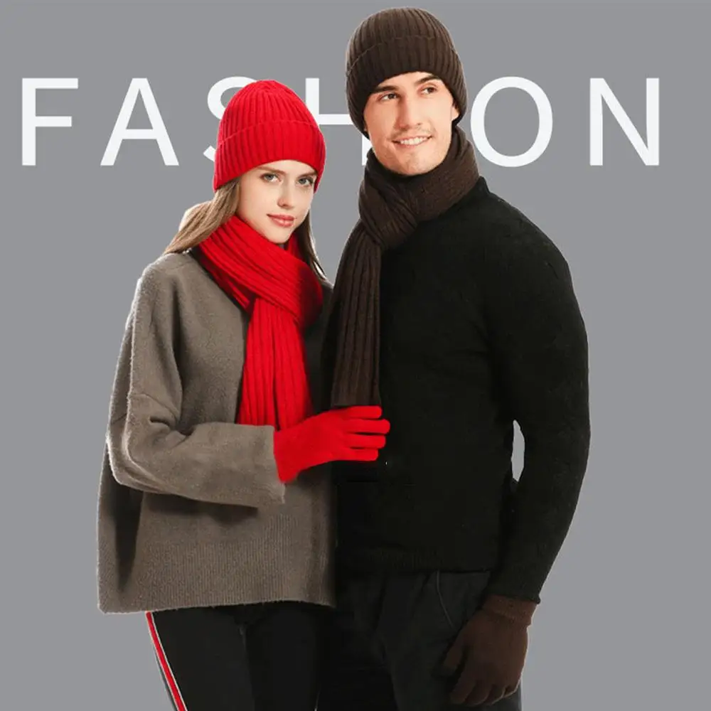 Casual Thickened Beanies Scarf Gloves Set Unisex Fleece-lined Long Scarf Neck Warmer Winter Warm Knit 3 in 1 Set for Women & Men