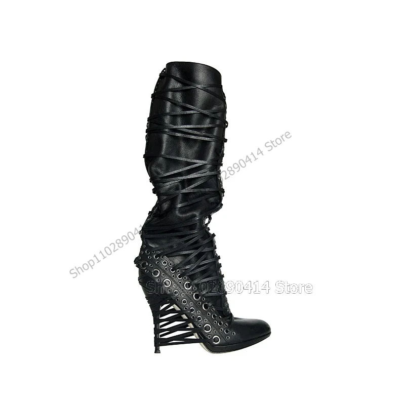 Black Metal Decor Leather Band Strappy Boots Mid Calf Women Shoes Thin High Heels Sexy Fashion Runway 2023 Zapatos Para Mujere