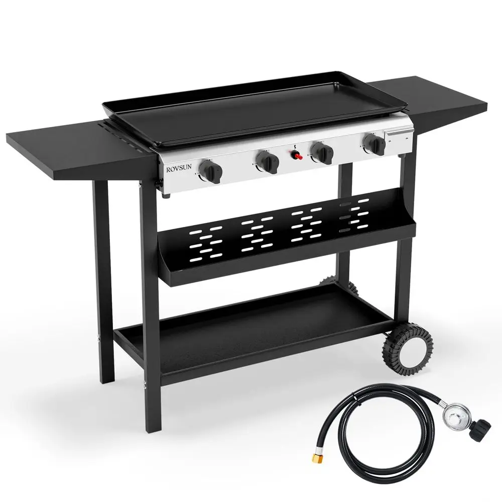 4 Burner Portable Propane Griddle with Electronic Ignition, 40000 BTU Rolling Flat Top Gas Grill with Nonstick Enameled Tray