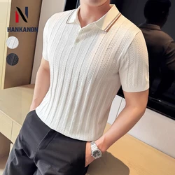 Men's Business Casual Polo Shirt, Ice Silk Striped Collar Top, High-quality Short-sleeved T-shirt for Spring and Summer 2024.