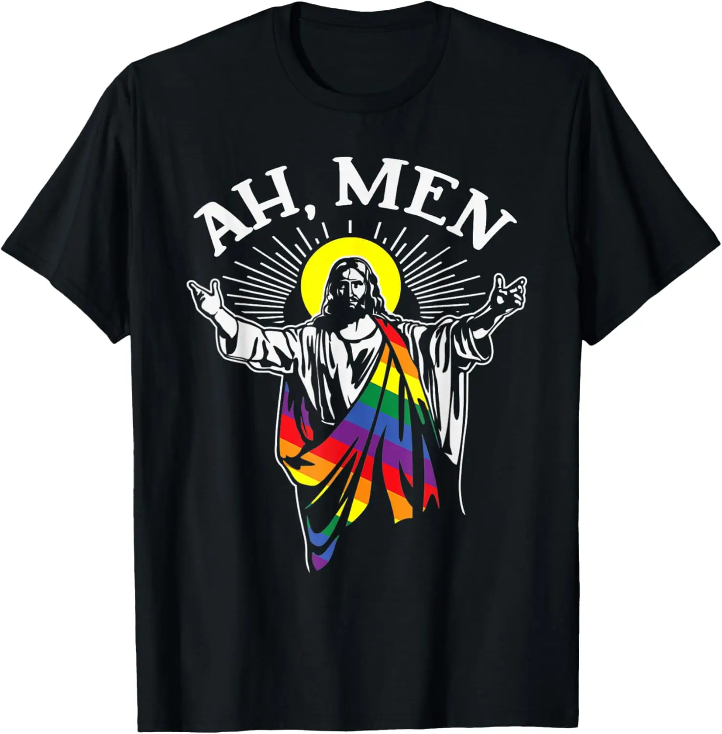 

Ah Men Jesus Rainbow Flag Pride Graphic Tee Short Sleeve Cotton T-Shirt Daily Wear
