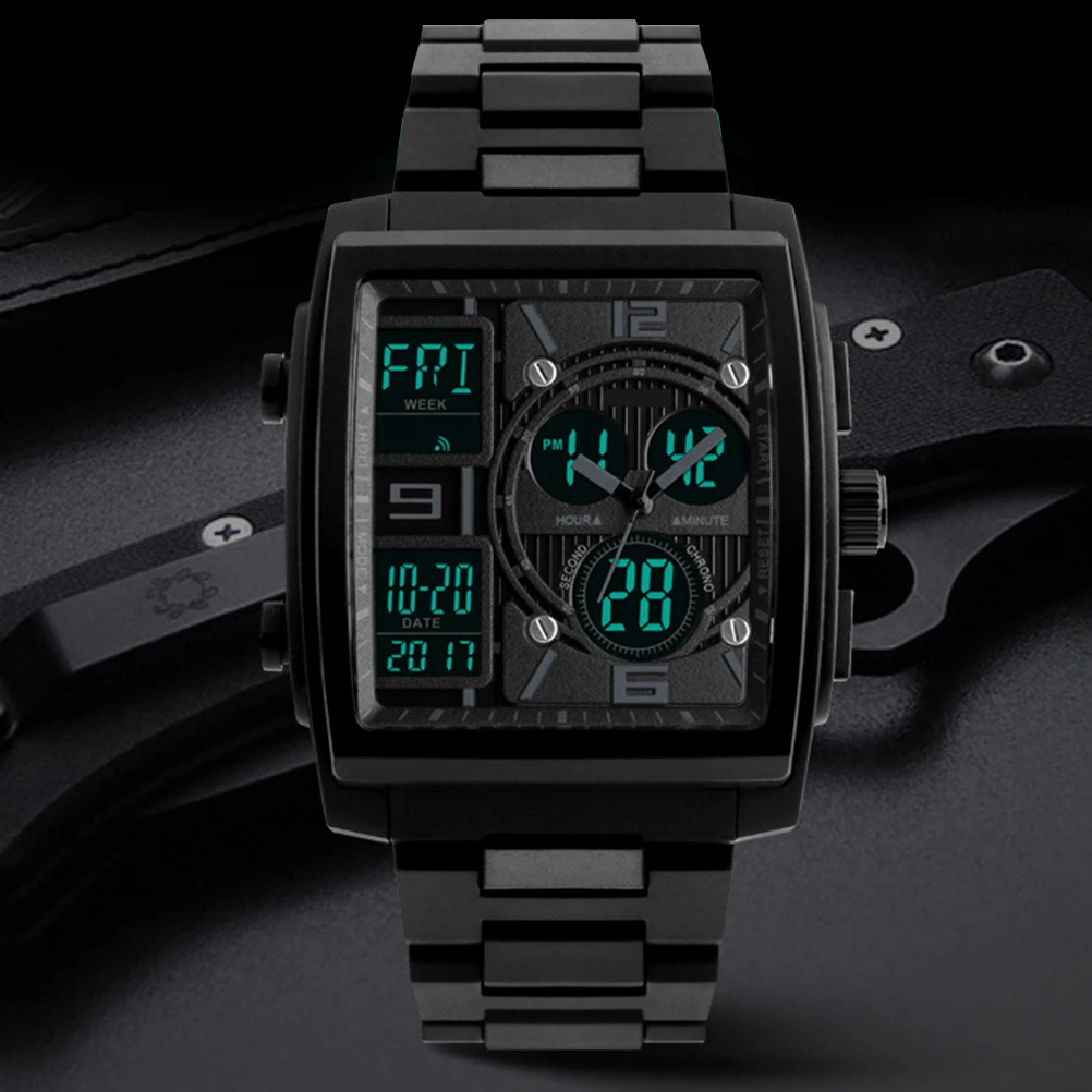 

Waterproof Sports Digital Watch Pc Case PU Band Stainless Steel Buckle Analog Digital Dial Red Multi-Function Watch