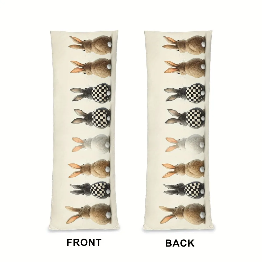 1 Double-Sided Tropical Rabbit and Plaid Print Long Pillowcase - 1005 Polyester, Zipper Closure, Machine Washable - Suitable for
