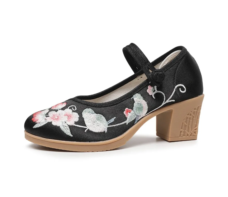 Maogu Chunky Square Heel Black High Heels Women\'s Shoes Shallow Mouth 2023 Spring Summer New Chinese Embroidery Cloth Shoe Pumps