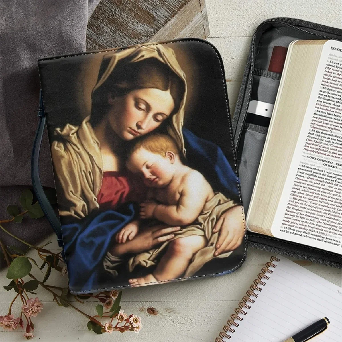 

New Women's Virgin Mary Pattern Print Bible Bags Leather Handbag Bible Cover Case Christian Study Book Holy Storage Case Bag