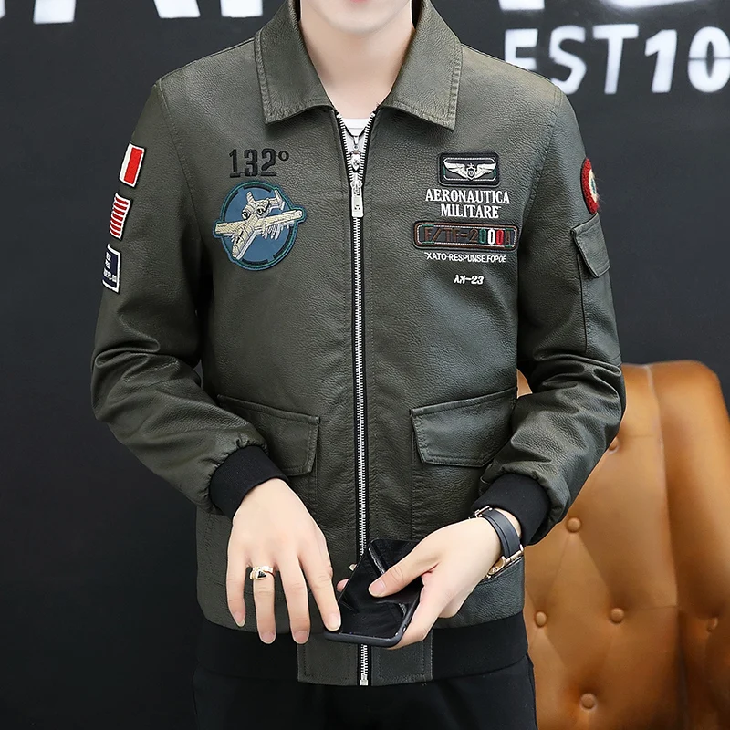 

Retro American Sle Embroidered PU Leather Jaet for Men Spring Autumn Motorcycle Biker Faion Urban Sle Long Coat