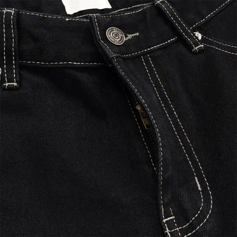 High Street Men's Distressed Jeans Visible Stitching Heel Bootcut Denim Long Pants Black Flared Floor Length Trousers LFZ2