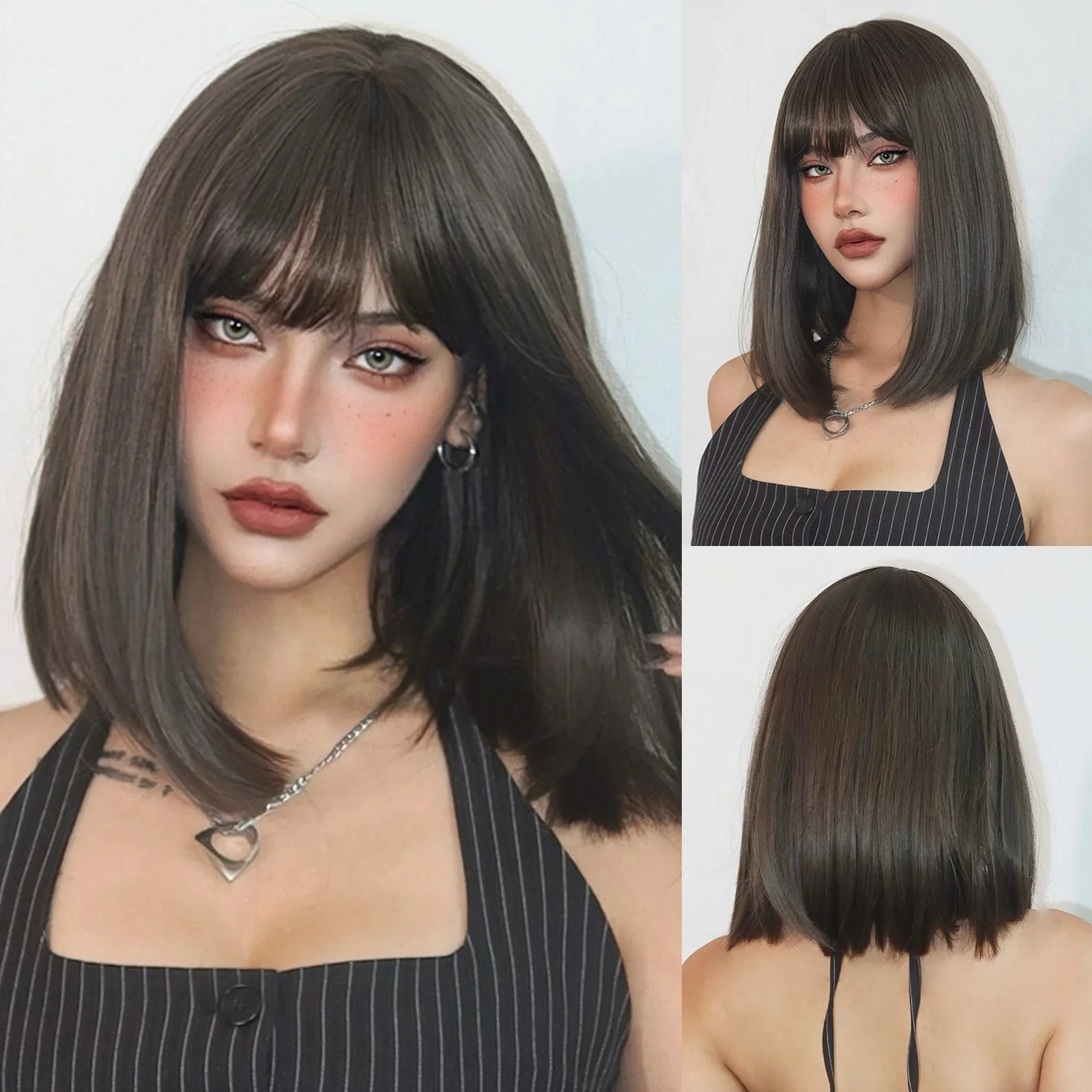 

HENRY MARGU Natural Brown Straight Wig with Bangs Short Bob Wigs Women Daily Party Synthetic Wig Heat Resistant Fiber Fake Hair