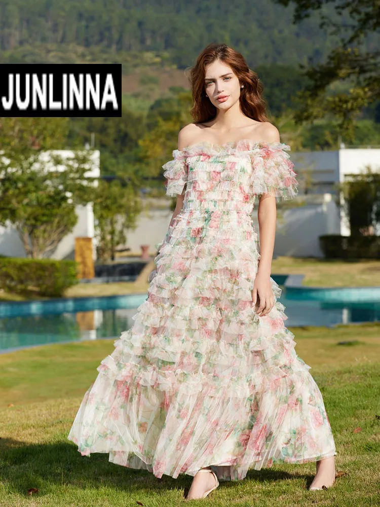 

JUNLINNA Fashion Evening Dress Mesh Patchwork Elegant Flower Printing Expansion Vestidos Sexy Slash Neck Short Sleeve Holiday