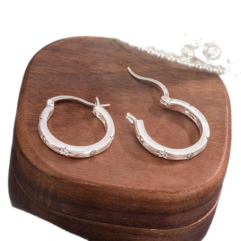 925 Sterling Silver Jewelry Matte Crystal Four-Pointed Star Hoop Earrings for Women Wedding Party Jewelry For Girls Friend Gift