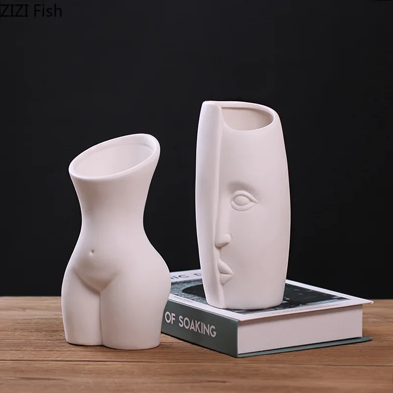 European White Vase Human Body Chest Ceramic Vases Nude Figures Bust Plant Pots Decorative Flower Arrangement Desk Decoration