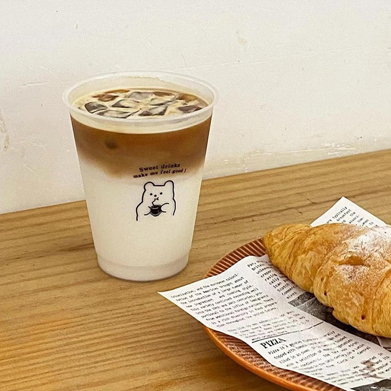 1pc Kawaii Milk Tea Cup Transparent Plastic Straw Cup Single Layer Transparent Plastic Coffee Straw Cup