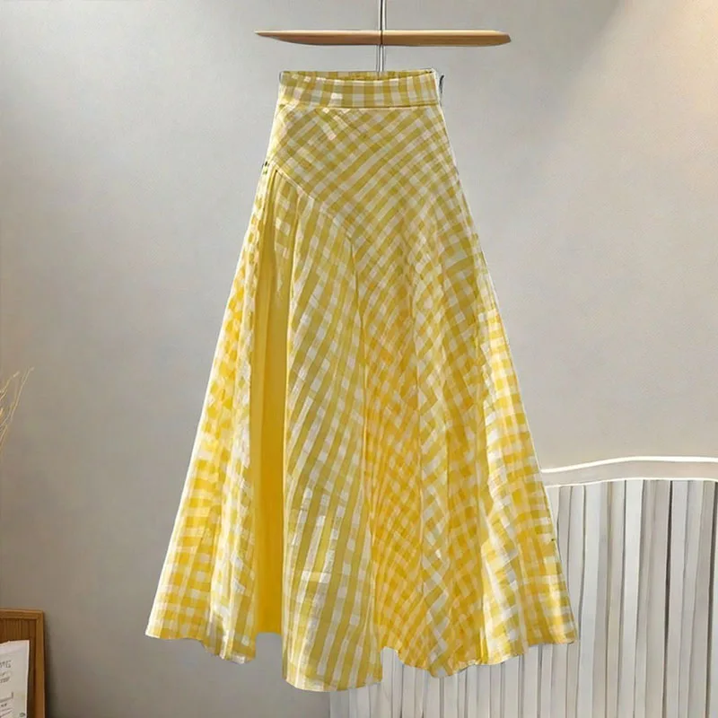 

Dopamine Yellow Waist Plaid Design Long Skirt for Women New Fashionable Style