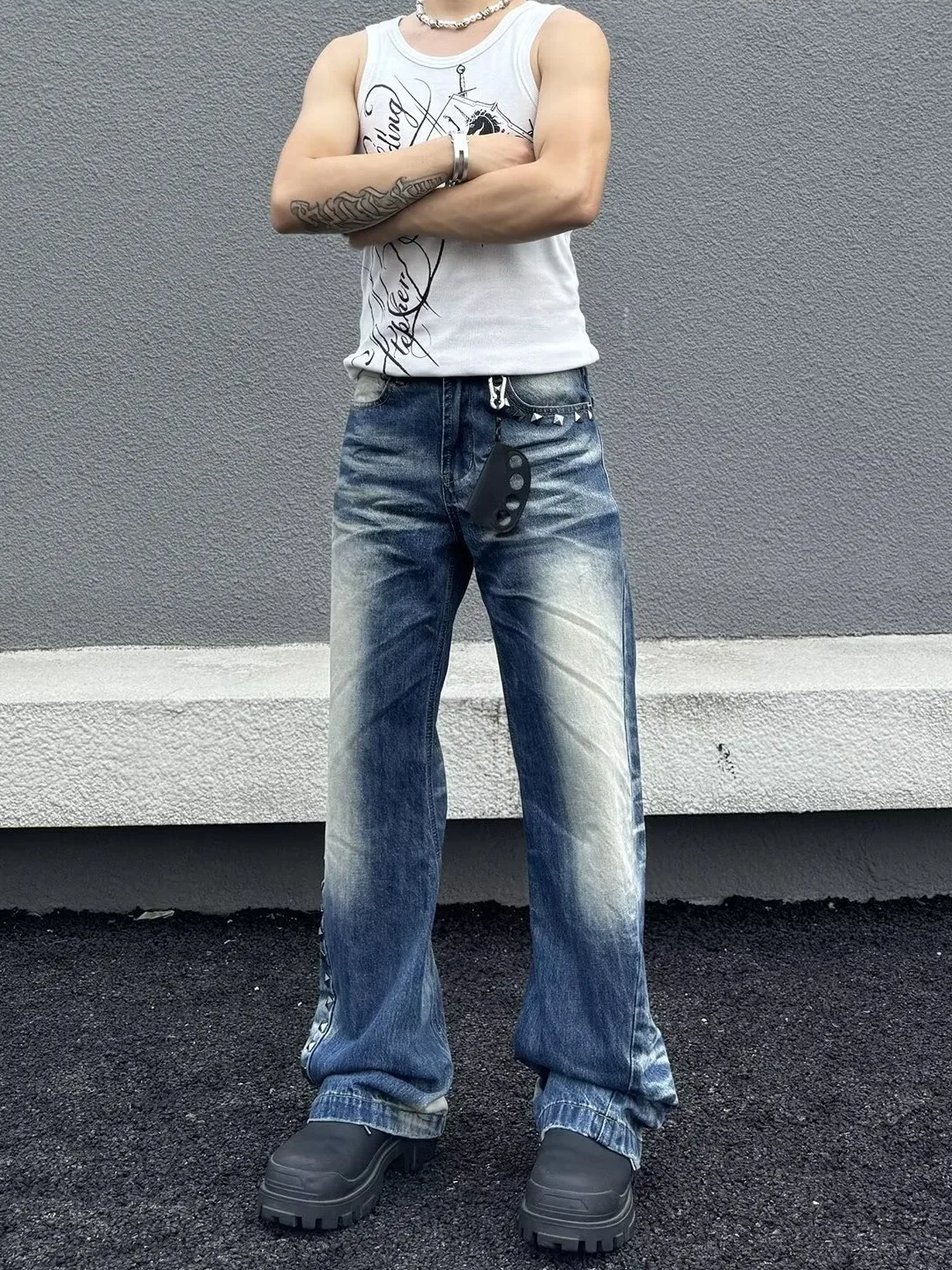 Retro American Blue Washed Thin Denim Jeans Men's Cleanfit Straight Leg Slimming Blue Jeans Casual Cotton Polyester Blend