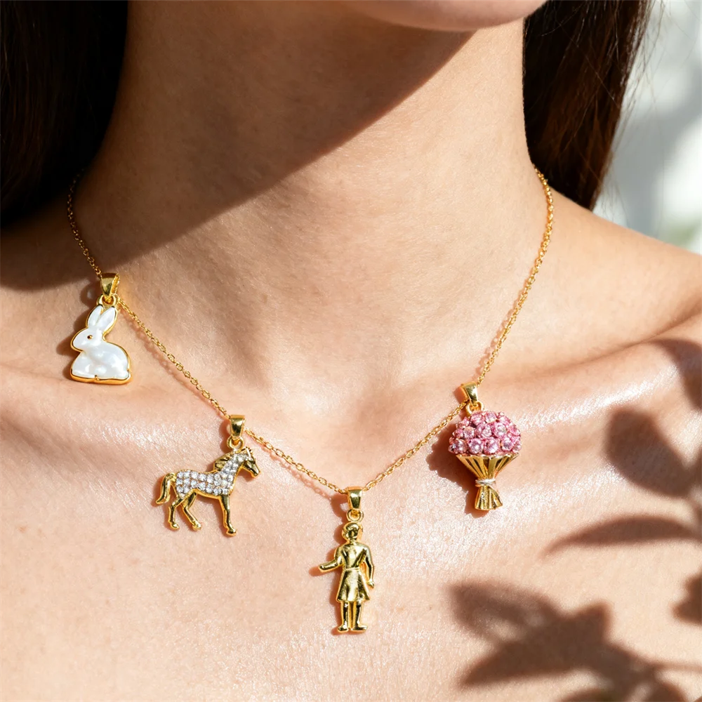 

3Pcs Pendants Brass Cubic Zirconia Enamel Horse Rabbit Mother Child Charm DIY Jewelry for Necklace Bracelet Making Unique Animal