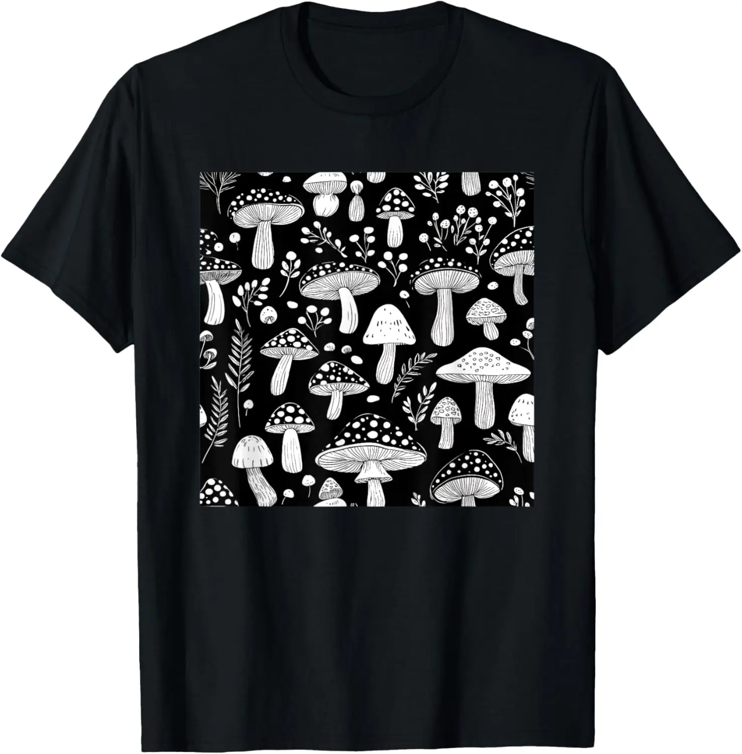 

Mushroom Aesthetic Mushrooms Pattern Print Black White T-Shirt