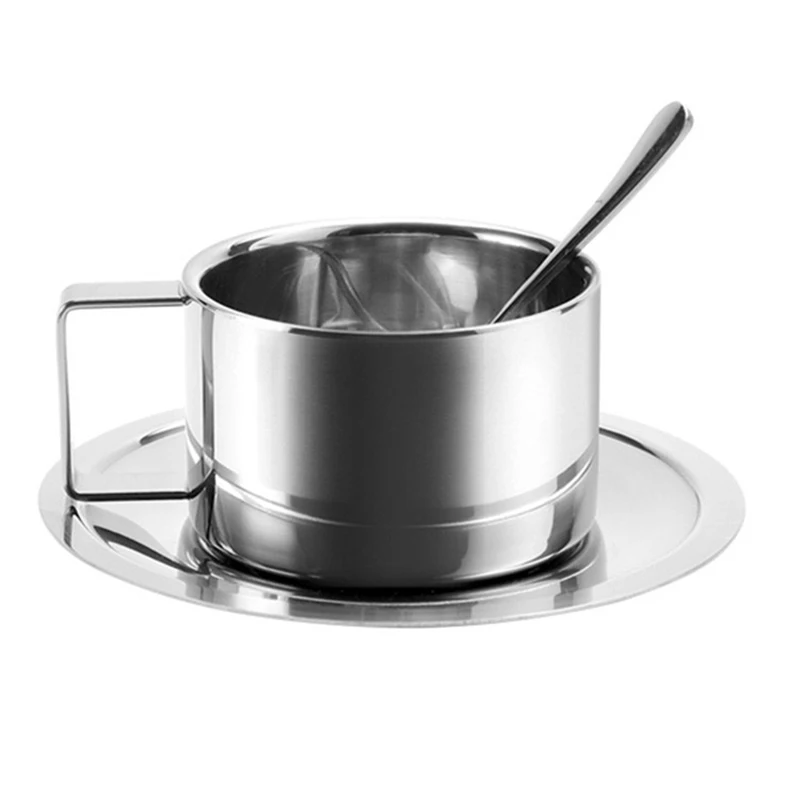 

Stainless Steel Coffee Cup Set 304 Double Wall Insulation with Tray Spoon Milk Tea Hot Drink Mug Kitchen Household