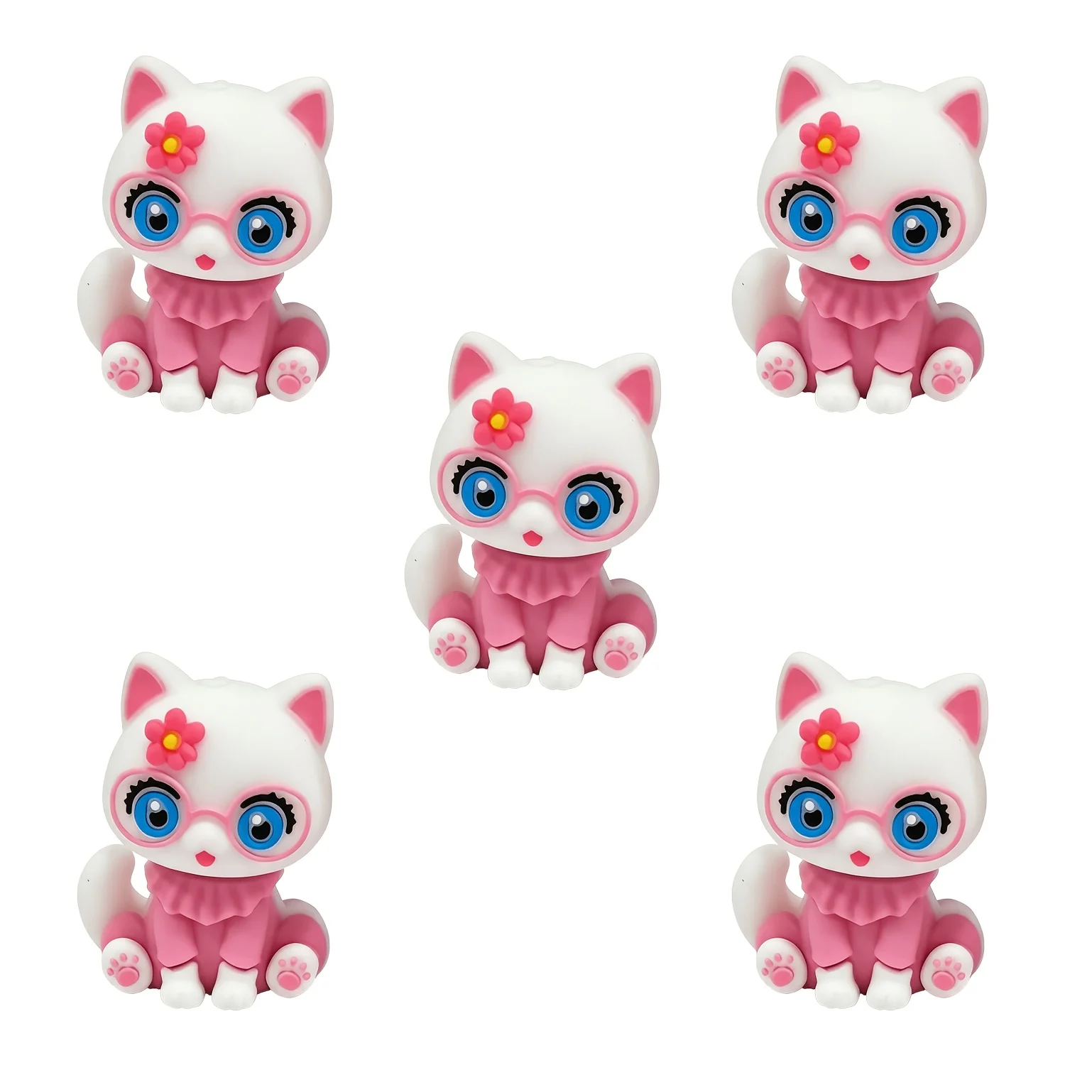 5Pcs White Pink 3D Cartoon Cat Silicone Focal Beads with Flower & Glasses, DIY Beads for Bracelet Necklace Pen Decor