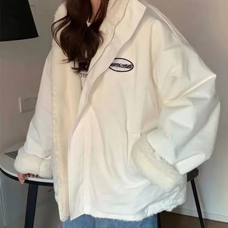 Women's Reversible Coat Autumn Winter Lambswool Jacket Student Top Double-sided Stand-up Collar Coat Thicken Cotton Coat