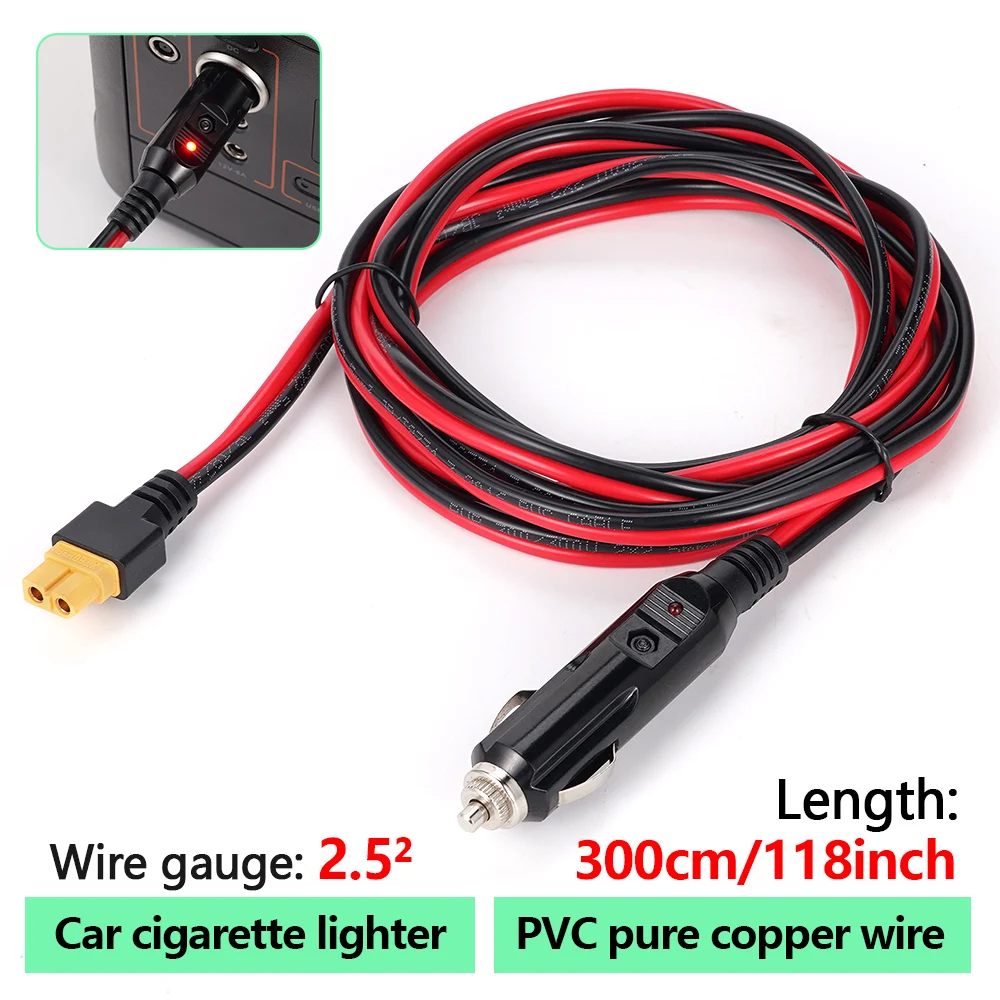 Cargador de coche de seguro y Cable adaptador XT60, cabezal de cigarrillo hembra H a punto, 10 pies, 14AWG, 20a, generador Solar