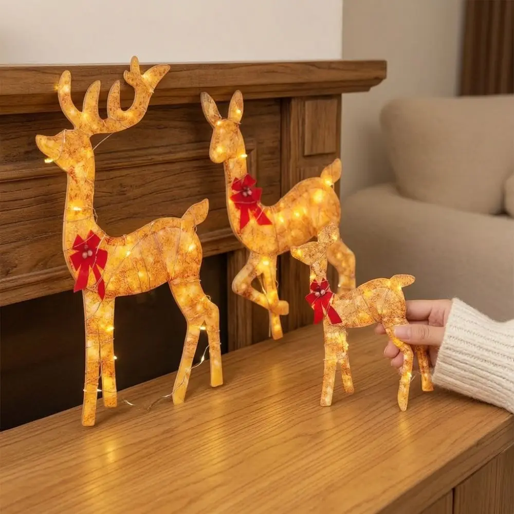 2D Flat Lighted Reindeer Statue With Bow Acrylic Deer Xmas Luminous Reindeer Crafts Golden Reindeer LED Glowing Deer