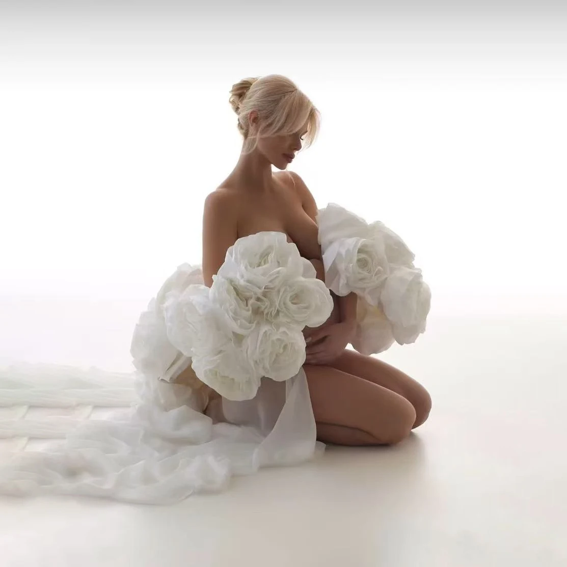 Jaket Bunga Gading Chiffon Panjang Wanita Cape Buatan Tangan Mantel Hamil Pernikahan Mantel Pengantin Pakaian Jaket Bunga untuk Pemotretan