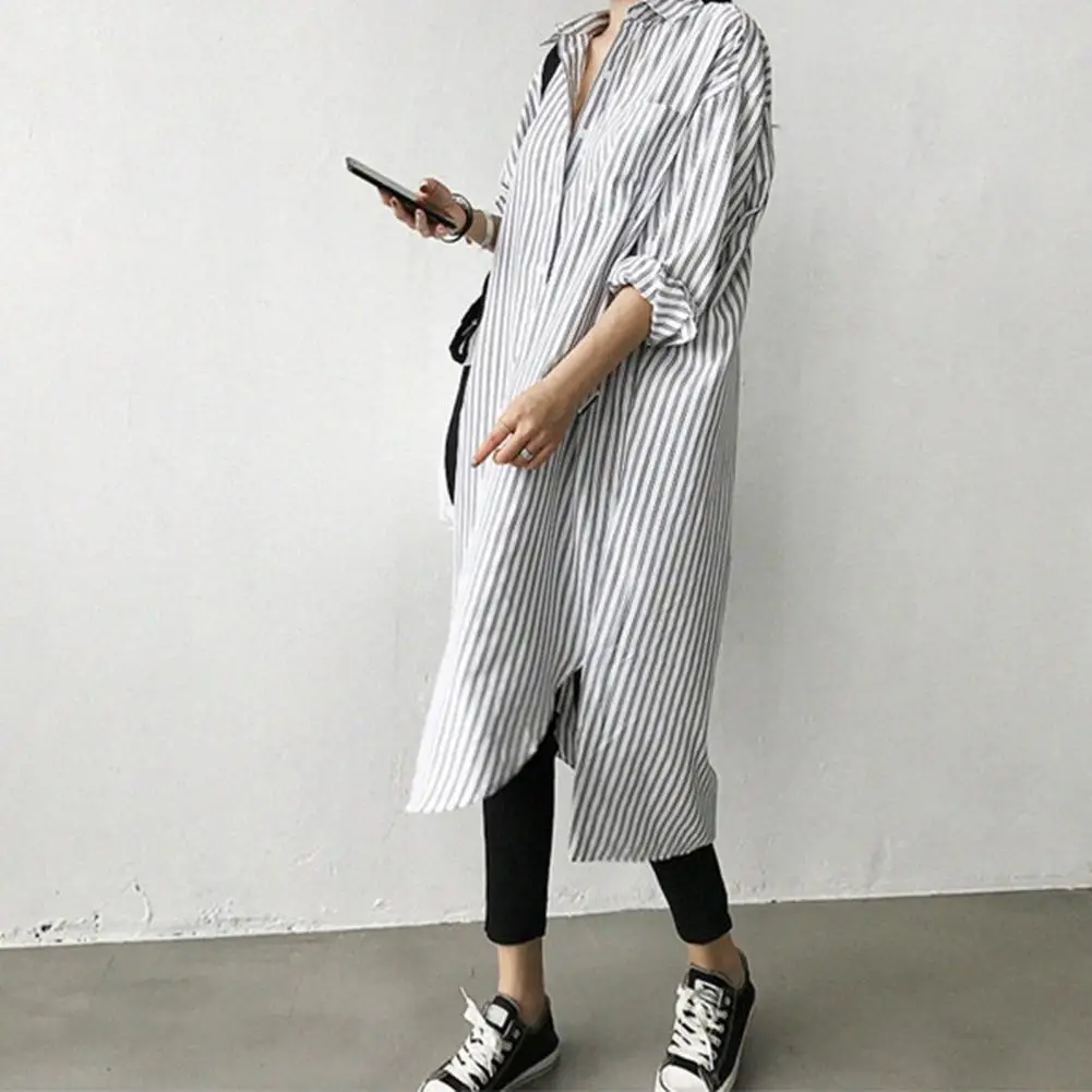 Women Shirt Blue Striped Long Shirt Dress Long Sleeves Single-breasted Cardigan Split Hem Spring Summer Blouse Lady Clothing