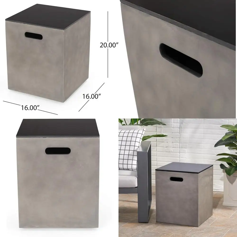 

Outdoor Patio Side Table with 20 LB Concrete Propane Tank Holder, Gas Griddle Storage, Black and Gray Cement Top