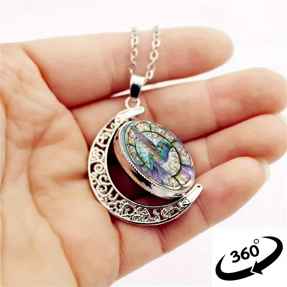 1pc Elegant Trendy Hummingbird Crescent Half Moon 360° Rotation Round Crystal Pendant Necklace Creative Men Women Jewelry Gifts