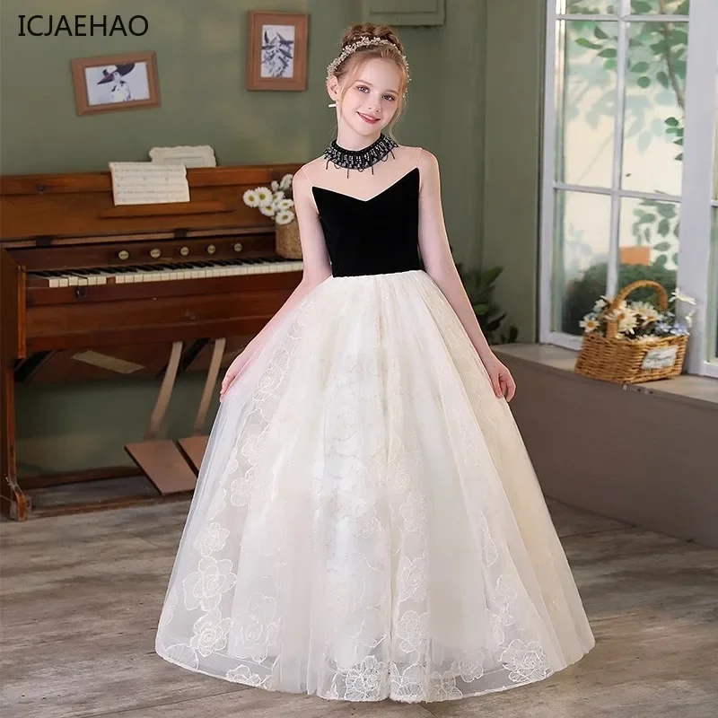 ICJAEHAO 2024 Children's Princess Party Dress Clothing New Hepburn Style Kids Costume Lace Host Girl's Off-Shoulder Clothes