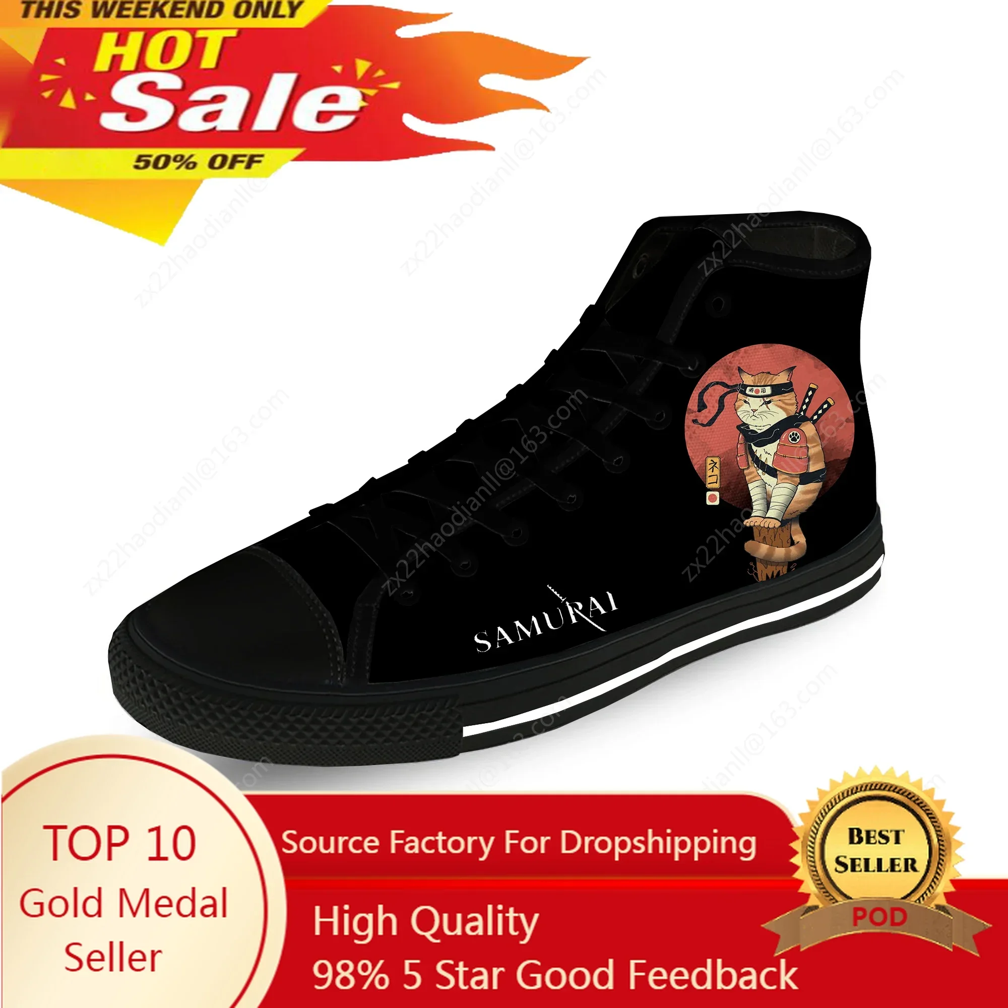 Samurai Cat Japanese Harajuku Casual Cloth Fashion 3D Print High Top Canvas Shoes Men Women Lightweight Breathable Sneakers