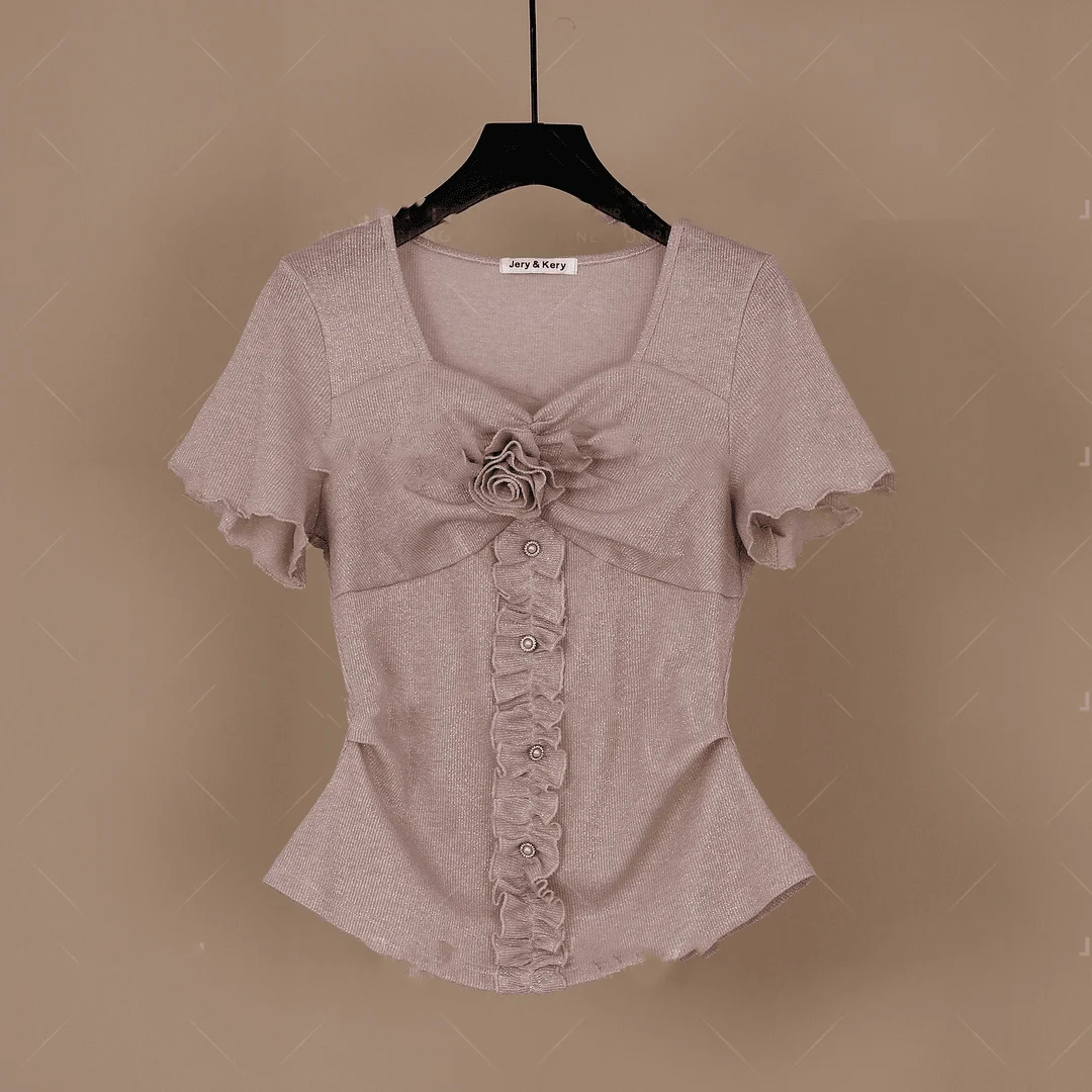 

French design round neck flowers ruffled waist fold solid color short sleeve summer new T-shirt western style slim top.